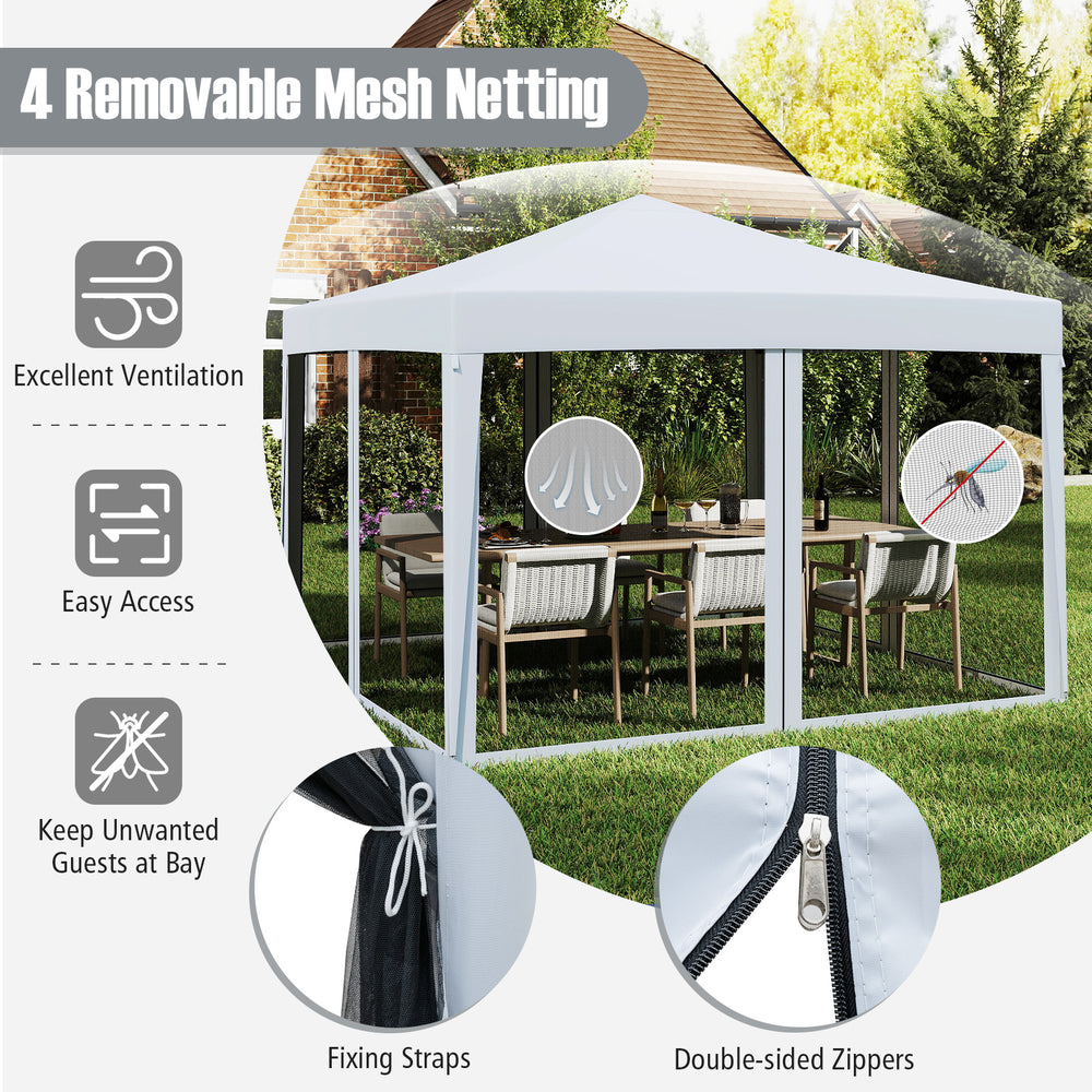 Pop-up canopy tent with removable mesh netting for ventilation, featuring easy access doors and sturdy support for.