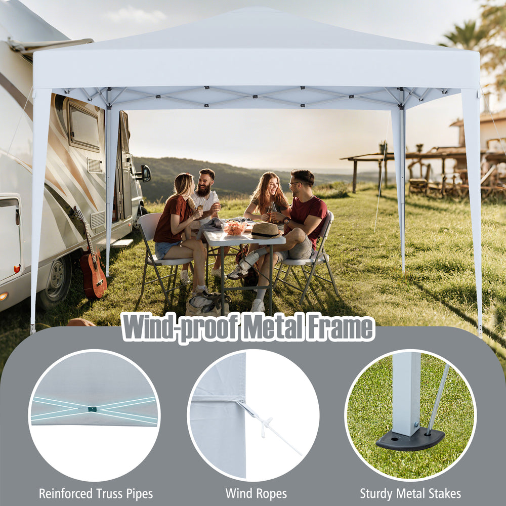 Pop-up canopy tent with a wind-proof metal frame, featuring mesh netting for ventilation, ideal for outdoor events.