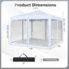 10 FT x 10 FT pop-up canopy tent with mesh netting, featuring a white fabric and dimensions for easy outdoor setup.