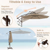 10-foot cantilever umbrella with tan canopy, solar LED lights, and easy crank system for outdoor relaxation.