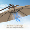 Double top design of the 10ft cantilever umbrella for improved ventilation and airflow, featuring tan tear-resistant.