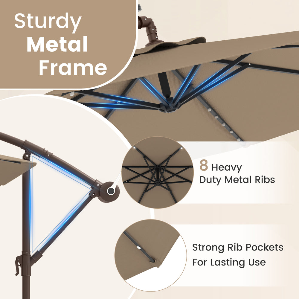 Close-up of the sturdy metal frame and 8 heavy-duty ribs of the 10-foot cantilever umbrella for outdoor use.
