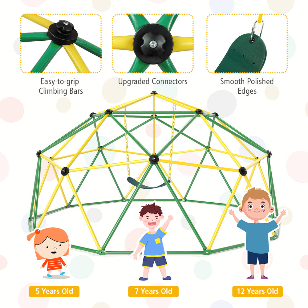 10 feet dome climber with swing, green metal pipes, safe climbing bars, ideal for kids aged 5 to 10 years old.