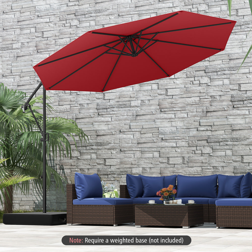10 feet offset hanging umbrella in wine color with a sturdy base, providing shade for outdoor seating areas.