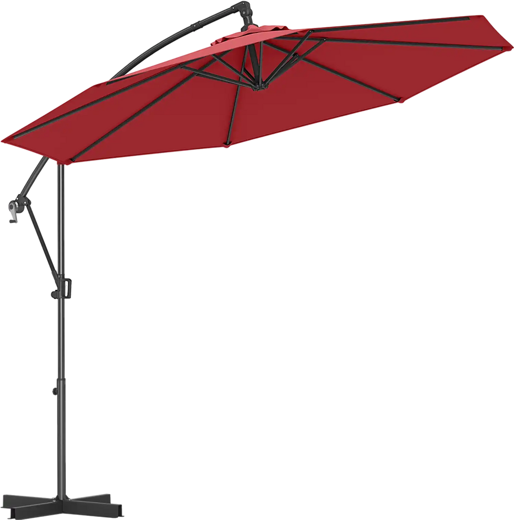 10 feet offset hanging umbrella in wine color with infinite tilt and 360° rotation for outdoor shading.