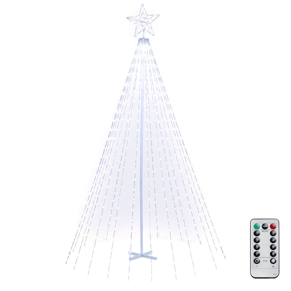 10 Feet Outdoor Christmas Tree Star String Lights with 560 cold white LED lights and remote control, shown with controller.