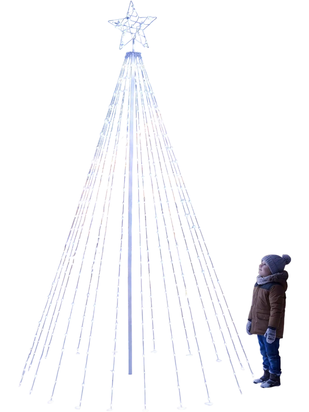10 Feet Outdoor Christmas Tree Star String Lights create a cold white LED display with a star topper in a snowy yard.