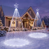 10 Feet Outdoor Christmas Tree Star String Lights display 20 light strings and 560 cold white LED lights in a snowy yard.