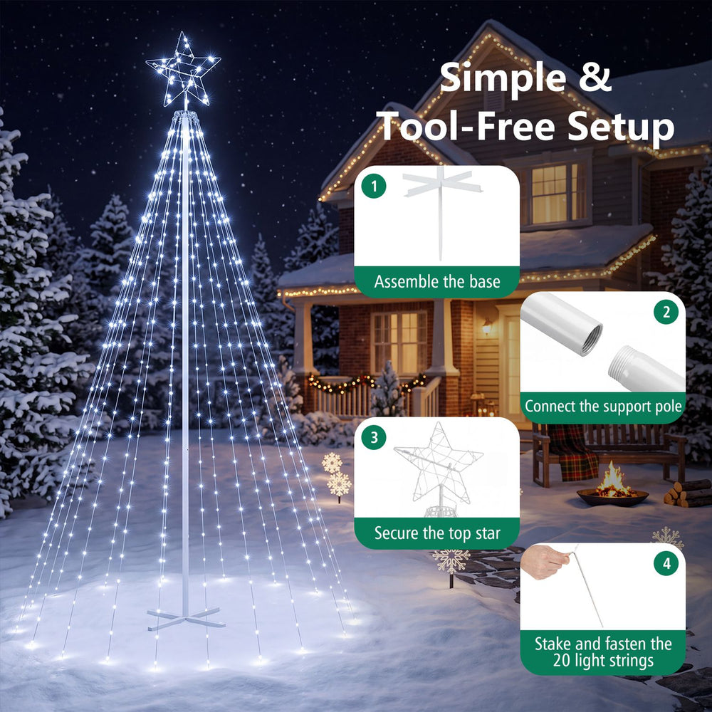 Outdoor Christmas tree star string lights with 20 light strings and cold white LEDs shown in a snowy yard.
