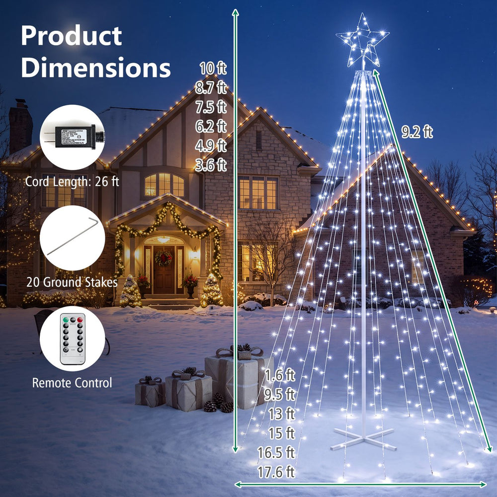 10 Feet Outdoor Christmas Tree Star String Lights diagram shows dimensions and 20 strings of cold white LED lights.