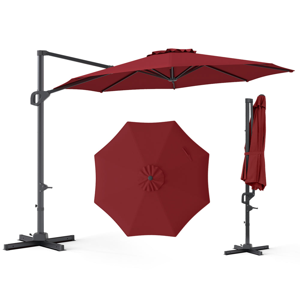 10 feet wine patio cantilever umbrella with easy tilt adjustment, featuring a sturdy metal frame and water-resistant.