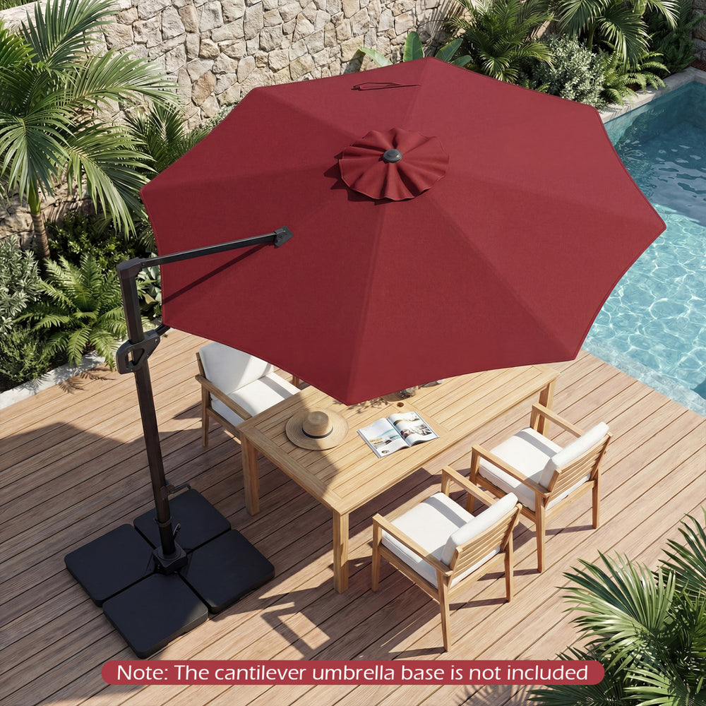 10 feet patio cantilever umbrella in wine color with easy tilt adjustment, providing optimal shade for outdoor dining.
