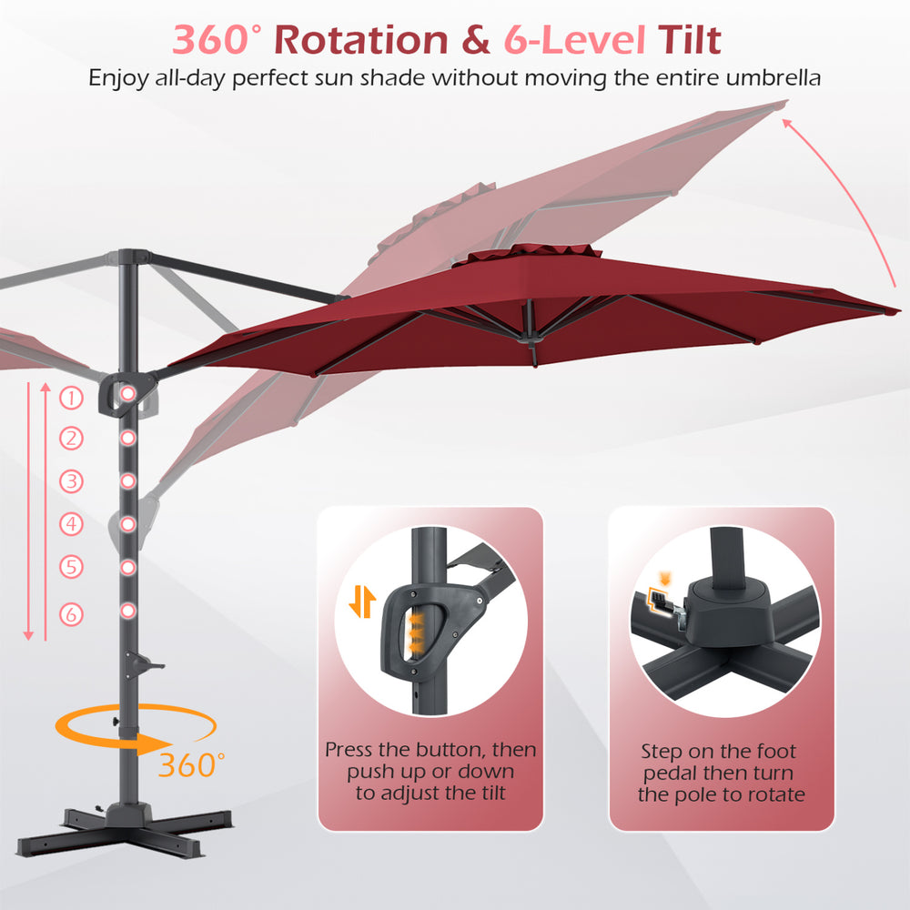 10 feet patio cantilever umbrella in wine color with 360° rotation and easy tilt adjustment for optimal shade coverage.