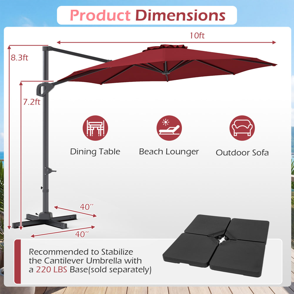 10 feet patio cantilever umbrella in wine color with adjustable tilt, featuring a sturdy metal frame for optimal shade.