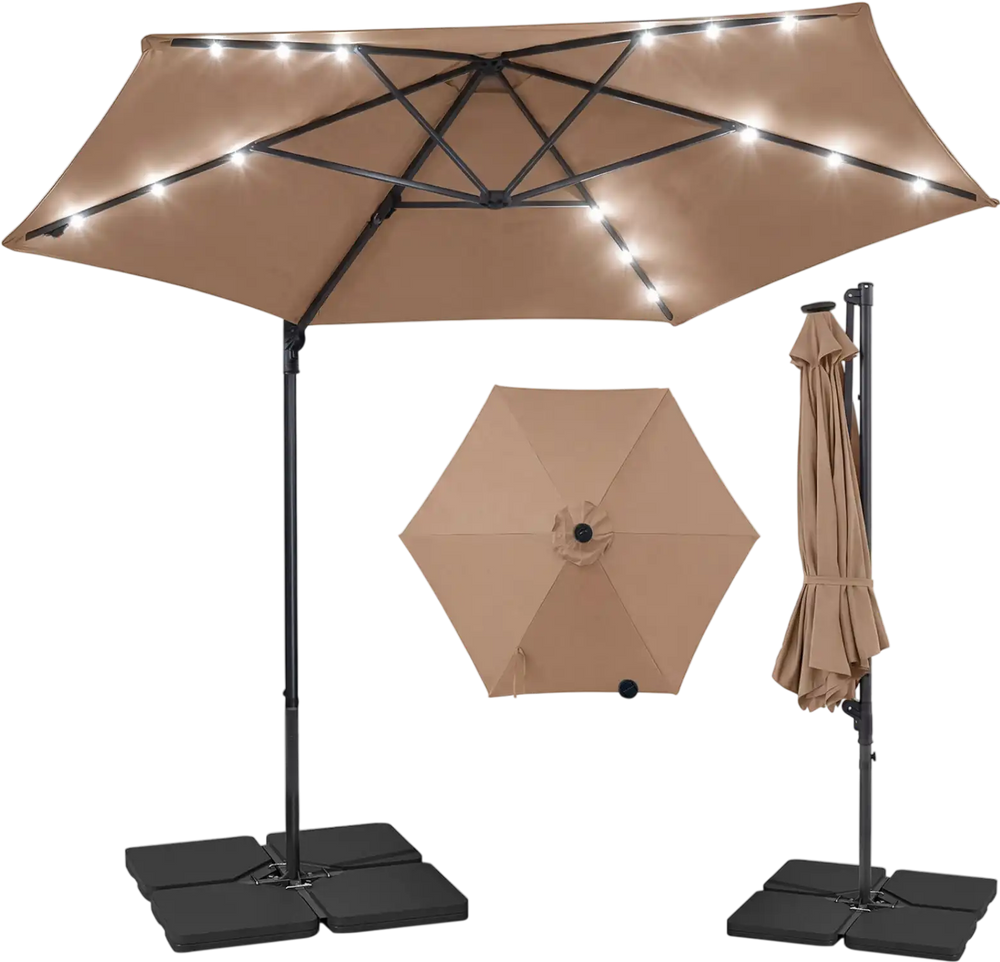 10 feet tan patio cantilever umbrella with solar LED lights, featuring a 360° swivel function for optimal shade.