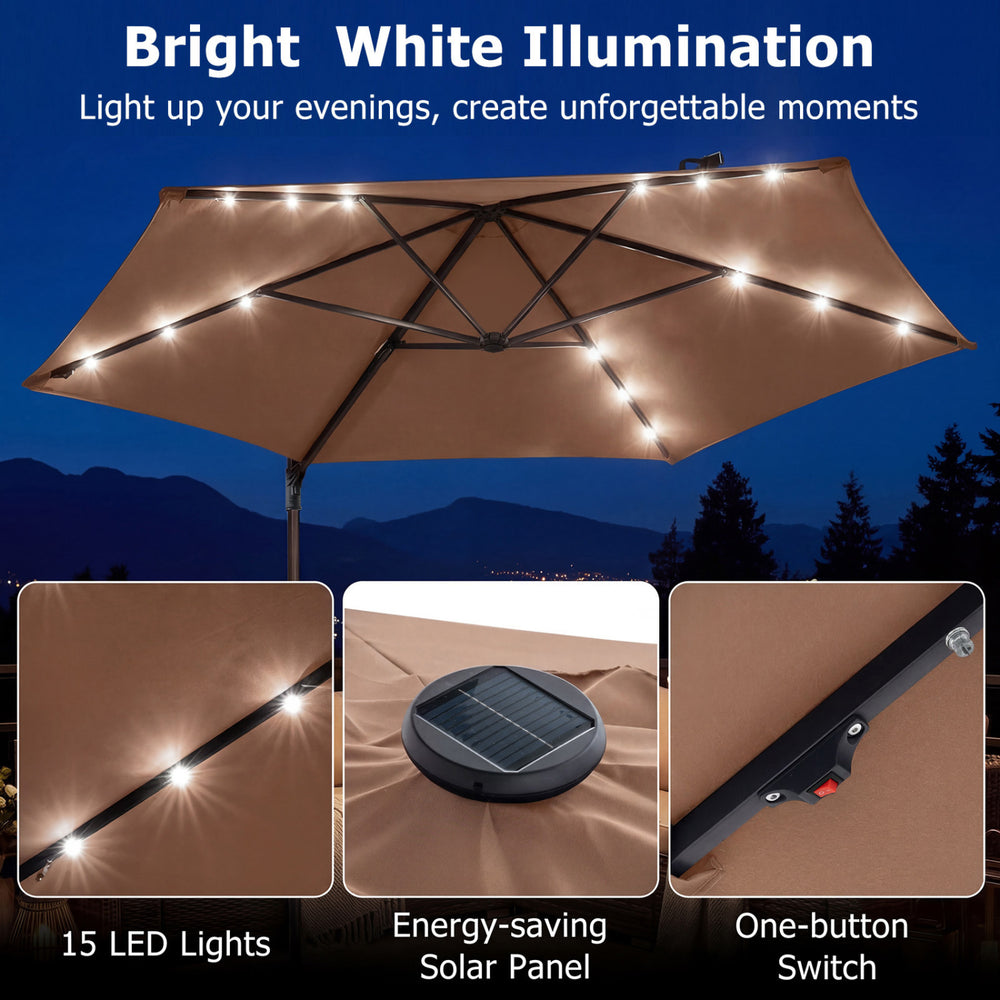 10 feet tan patio cantilever umbrella with 15 LED lights and solar panel, perfect for outdoor gatherings and sun.