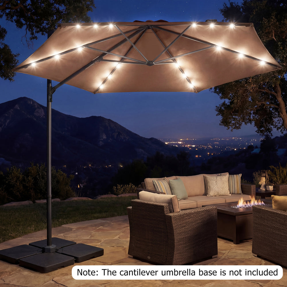 10-foot tan patio cantilever umbrella with solar LED lights, showcasing 360° swivel and large coverage for outdoor.