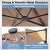 10-foot tan patio cantilever umbrella with solar LED lights, featuring a stable triangle structure and vented top for.