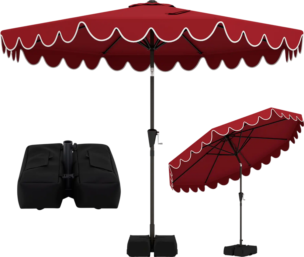 10 feet burgundy patio umbrella with ruffled edges, weighted base, and sandbags for stable outdoor shading.