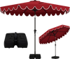 10 feet burgundy patio umbrella with ruffled edges, weighted base, and sandbags for stable outdoor shading.