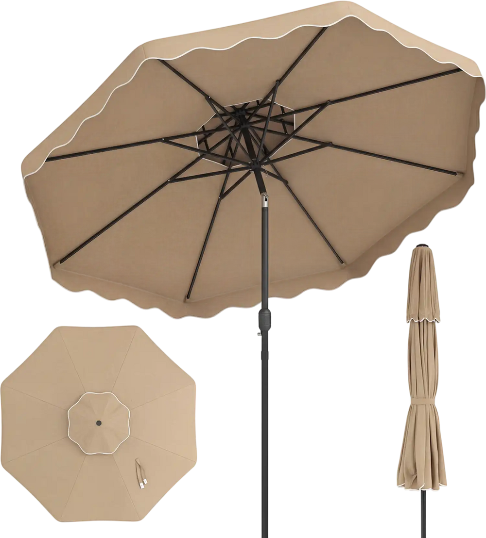 10-foot coffee patio umbrella with ruffled scallops, push-button tilt, and crank for easy opening, ideal for gatherings.