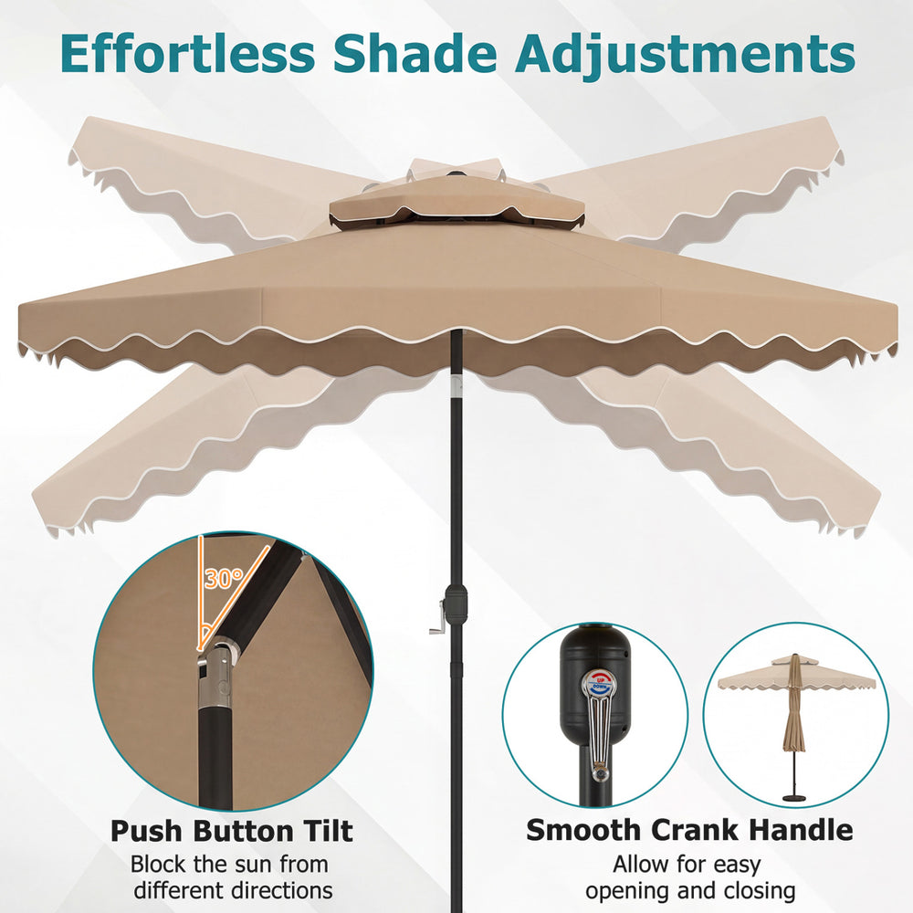 10 feet coffee patio umbrella with push-button tilt and crank handle for easy shade adjustments and elegant outdoor.
