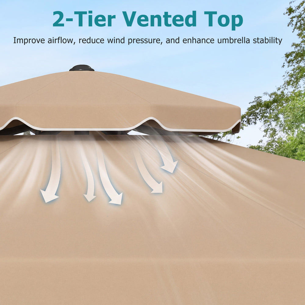 Vented double top of the 10 feet patio umbrella enhances airflow and stability, ideal for outdoor gatherings.