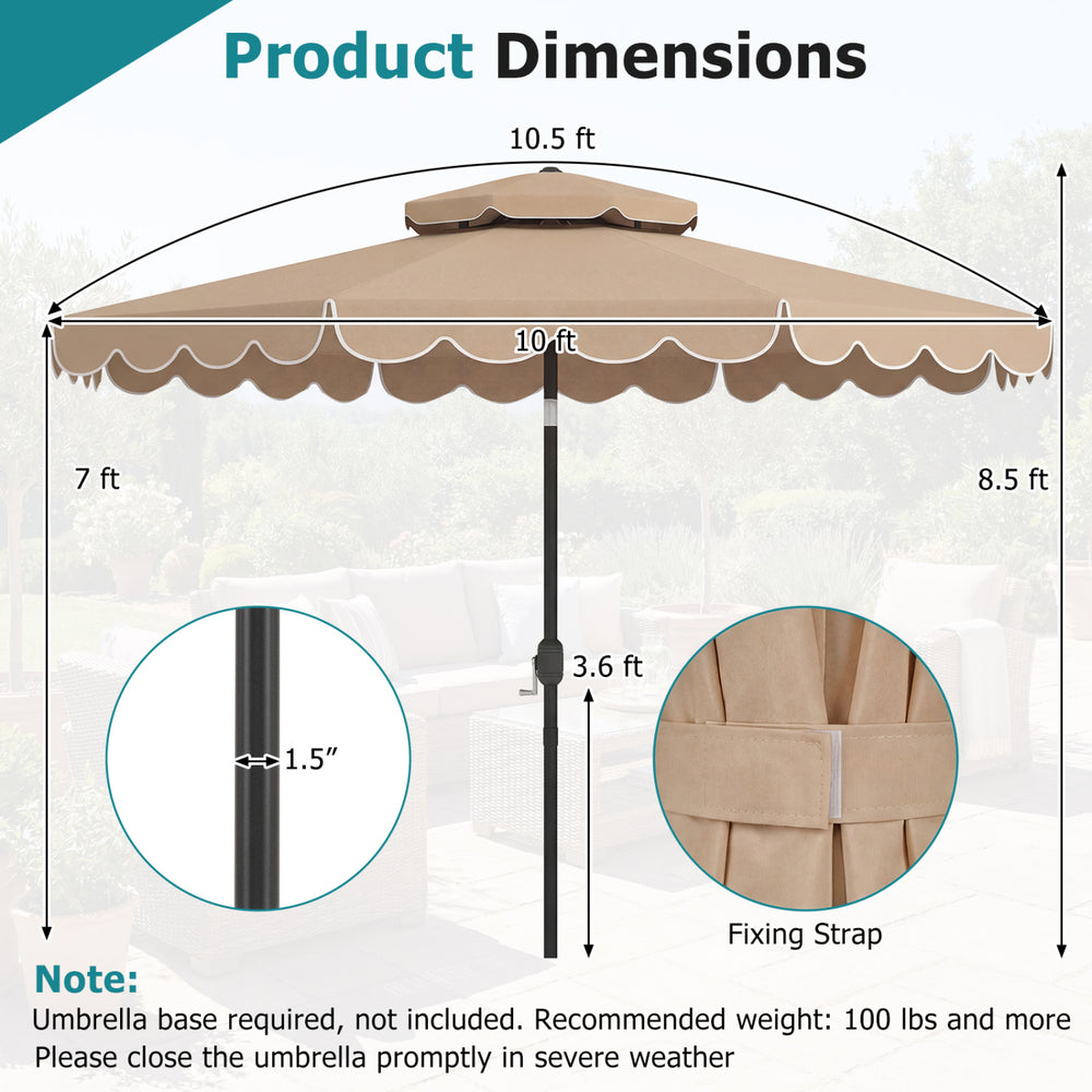 10 ft coffee patio umbrella with push-button tilt, crank handle, and ruffled scallops for elegant outdoor shade.