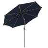 Navy 10 feet patio umbrella with 112 solar lights and crank handle, featuring durable polyester fabric and adjustable.