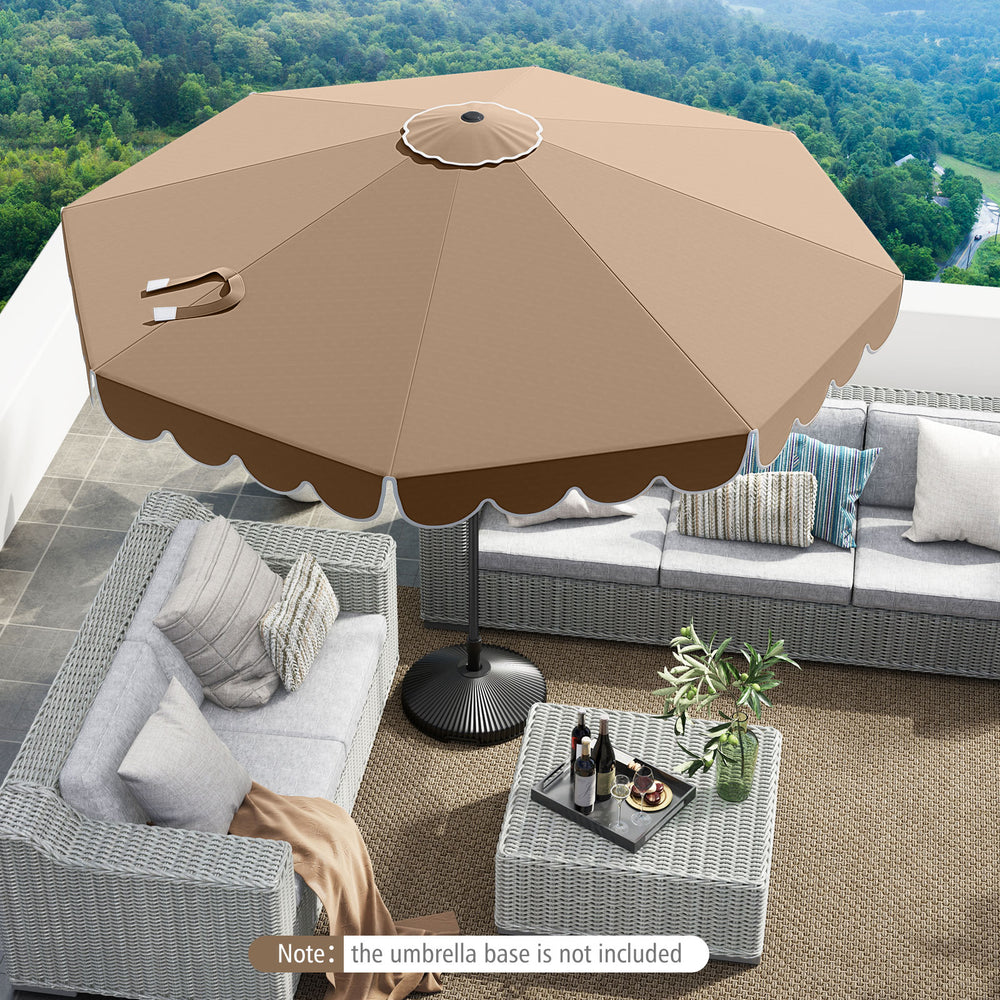 10-foot brown patio umbrella with crank tilt adjustment, featuring ruffled edges and a top air vent for stability.