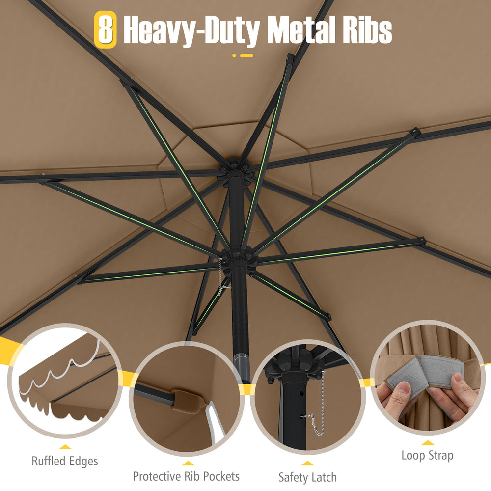 Close-up of the 8 heavy-duty metal ribs of the 10 feet patio umbrella, showcasing protective rib pockets and ruffled.