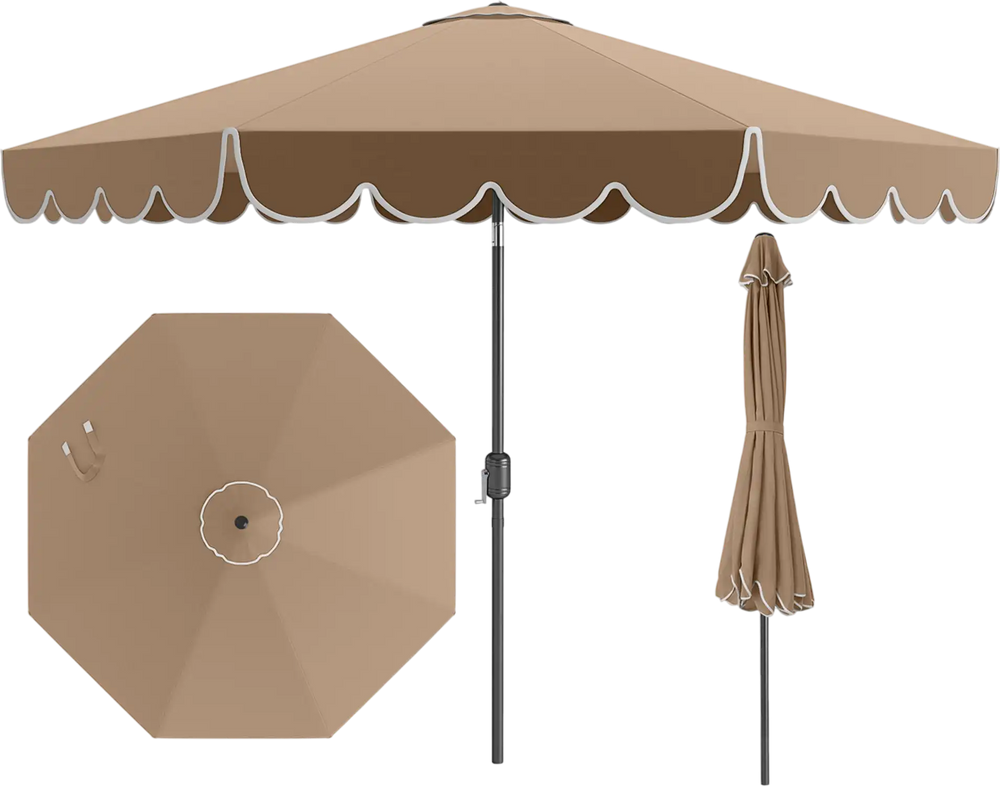 10-foot brown patio umbrella with crank tilt adjustment and ruffled edges for enhanced sunshade and stability.