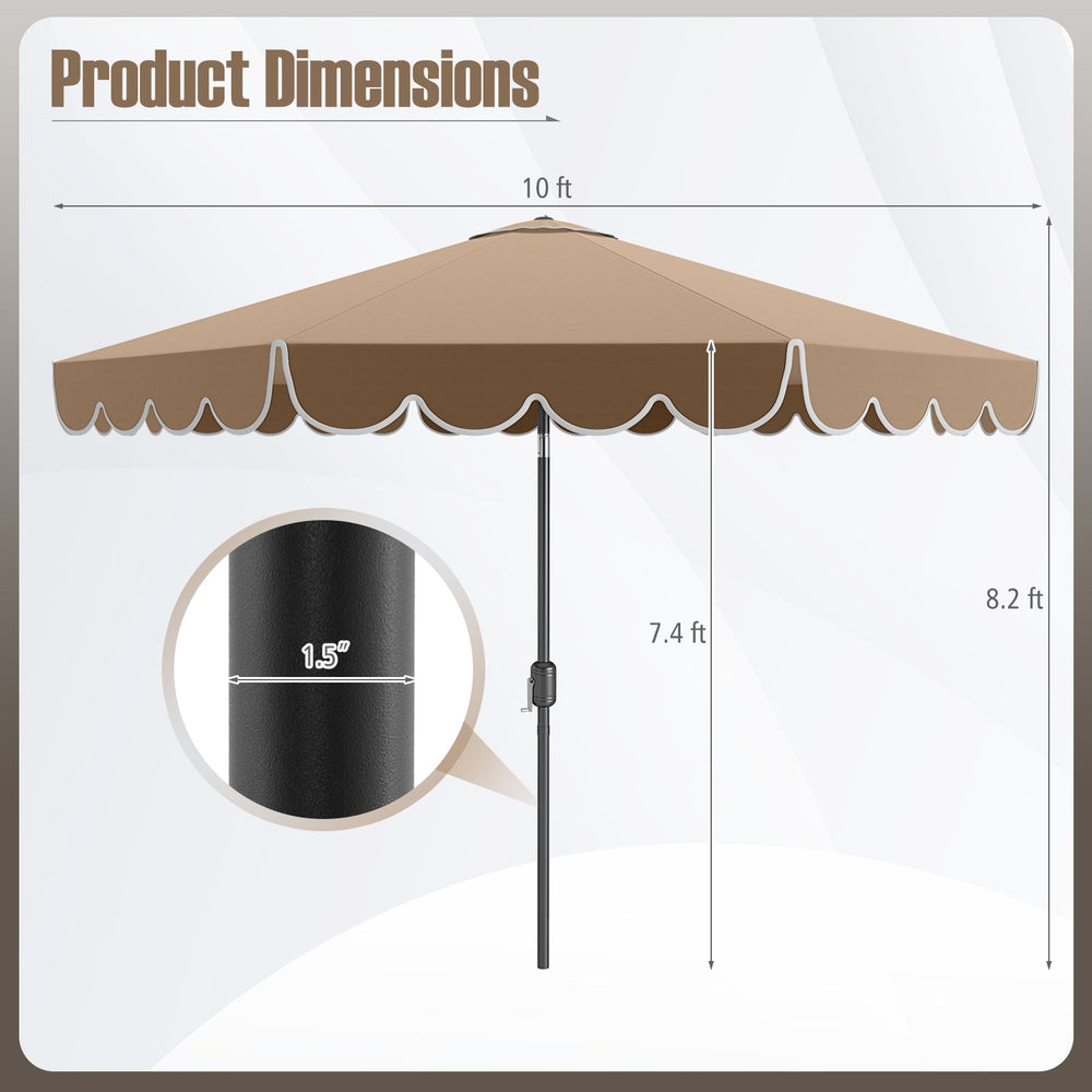 10-foot brown patio umbrella with crank tilt adjustment, featuring ruffled edges and a sturdy 1.5-inch pole for outdoor.