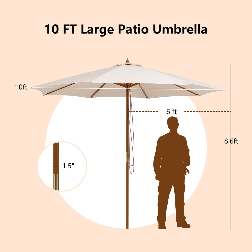 10-foot beige patio umbrella with 8 wooden ribs, adjustable heights, and durable polyester fabric for outdoor shading.