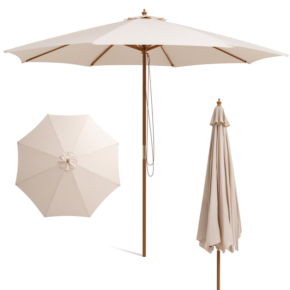 10 feet beige patio umbrella with 8 wooden ribs, adjustable heights, and durable polyester fabric for outdoor sun.