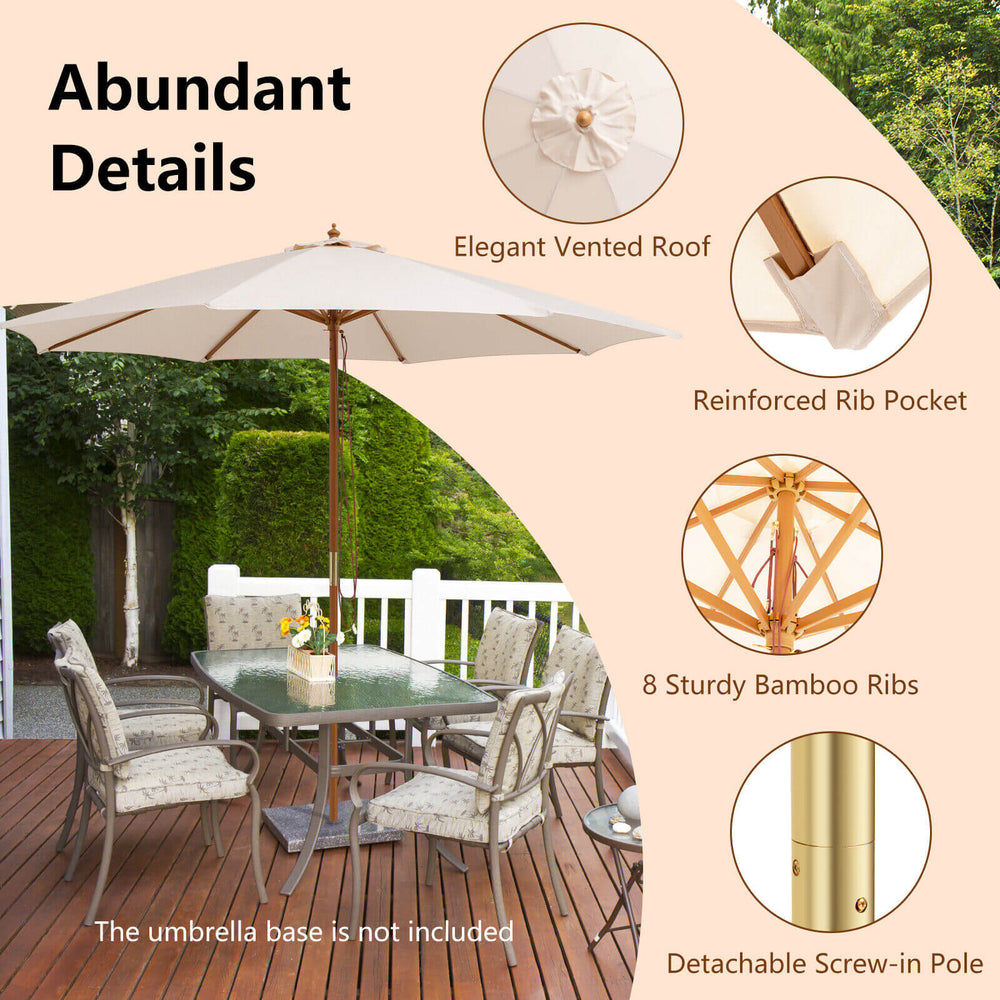 10 feet beige patio umbrella with 8 wooden ribs, adjustable heights, and durable polyester fabric for sun protection.
