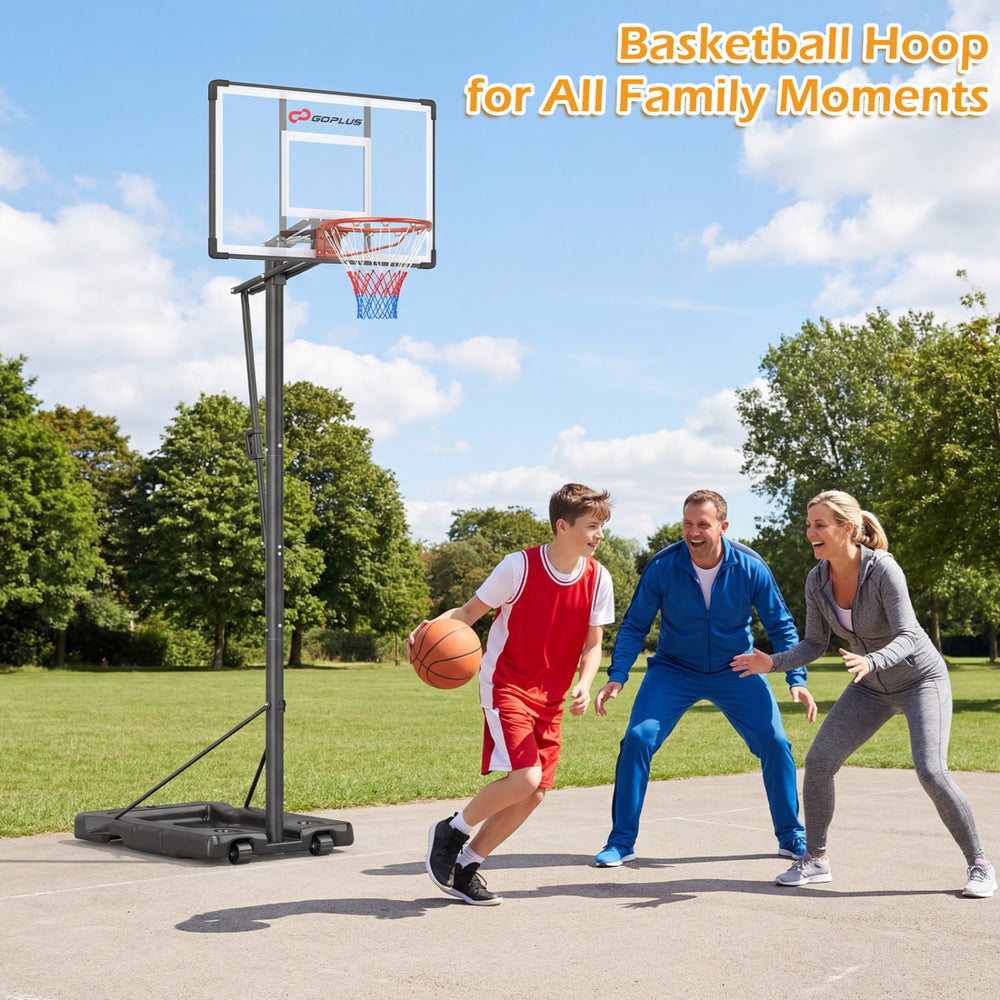 10 feet portable basketball hoop with adjustable height, premium PC backboard, perfect for family outdoor fun.