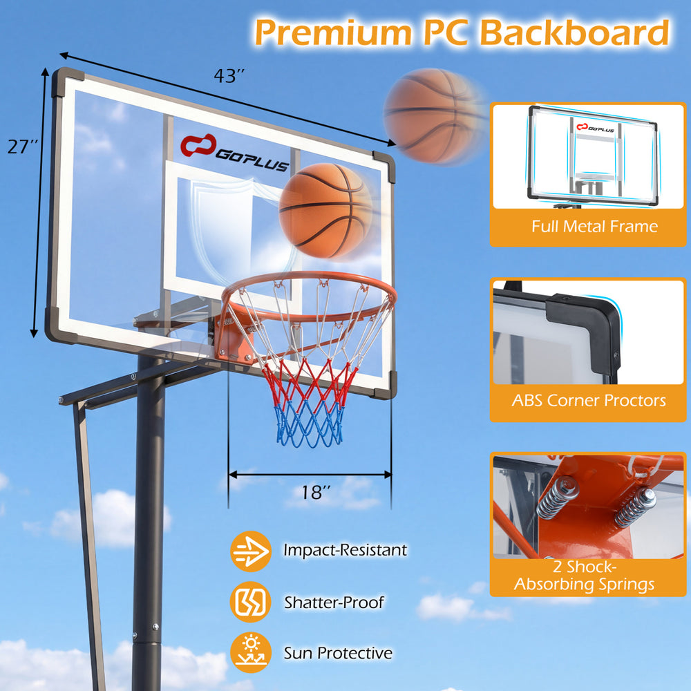 Portable basketball hoop with a premium PC backboard, full metal frame, and adjustable height for outdoor play.