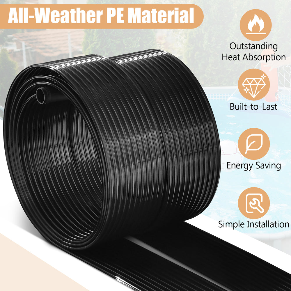 Black PE solar pool heating system roll, 10/16.4/20 feet, designed for all-weather use and energy saving.
