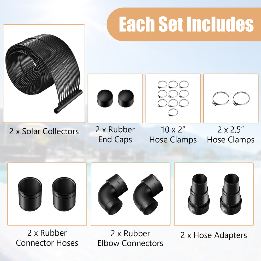 Solar swimming pool heating system components including hoses, connectors, and clamps for efficient heating.