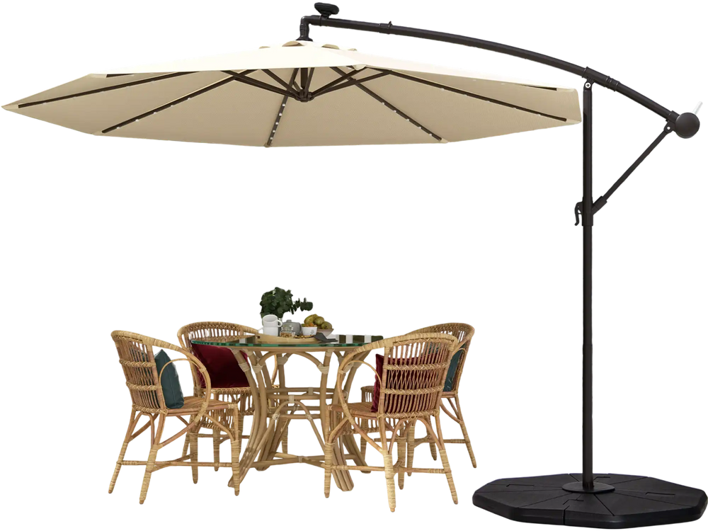 10-foot beige solar offset hanging umbrella with 40 lamp beads, adjustable tilt, and sturdy metal frame for outdoor.