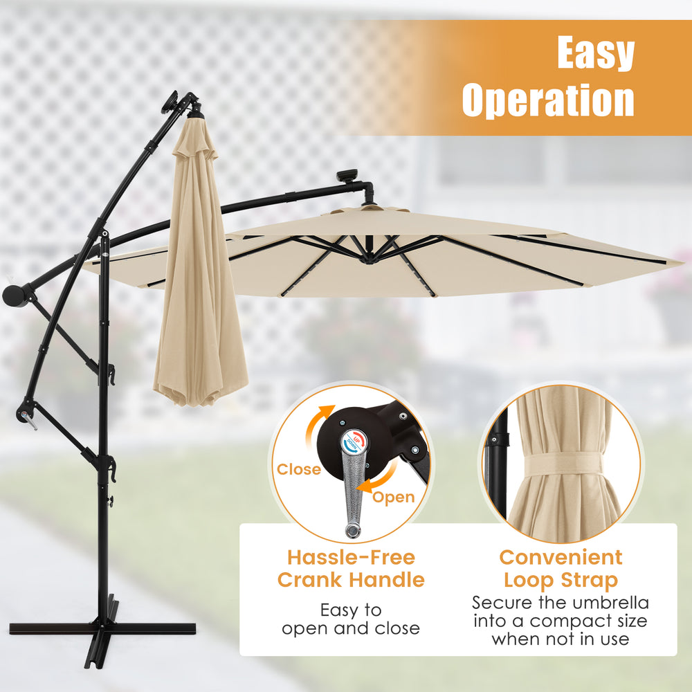 10-foot beige solar offset hanging umbrella with crank handle, adjustable tilt, and 40 lamp beads for outdoor comfort.
