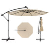 10-foot beige solar offset hanging umbrella with 40 lamp beads, adjustable tilt, and sturdy metal frame for outdoor use.