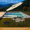 Beige 10 feet solar offset hanging umbrella with 40 lamp beads, adjustable tilt, and sturdy cross base for outdoor.