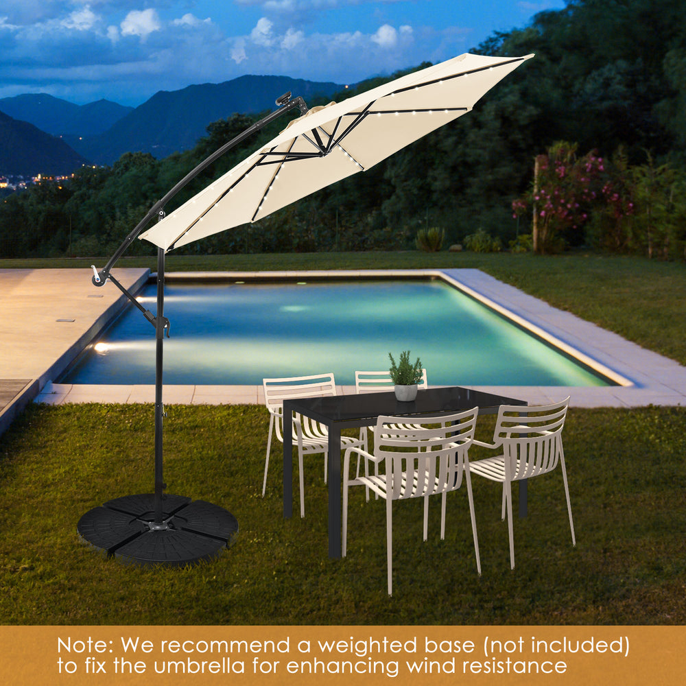 Beige 10 feet solar offset hanging umbrella with 40 lamp beads, adjustable tilt, and sturdy cross base for outdoor.
