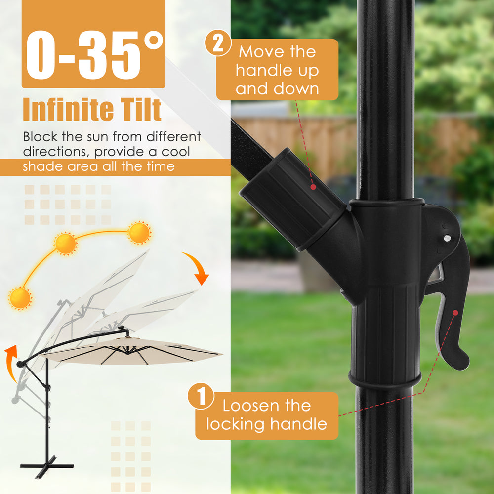 Adjustable tilt handle of the 10 feet solar offset hanging umbrella in beige, designed for customizable shade angles.