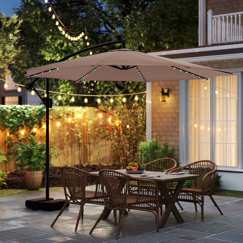 10 Feet Solar Offset Hanging Umbrella with Base and LED Lights-Coffee - Gallery View 1 of 10