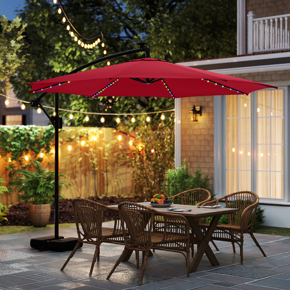 10 Feet Solar Offset Hanging Umbrella with Base and LED Lights-Red - Gallery View 1 of 10
