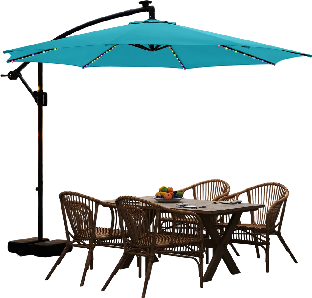 Turquoise 10 feet solar offset hanging umbrella with LED lights, providing shade and ambiance for outdoor dining.