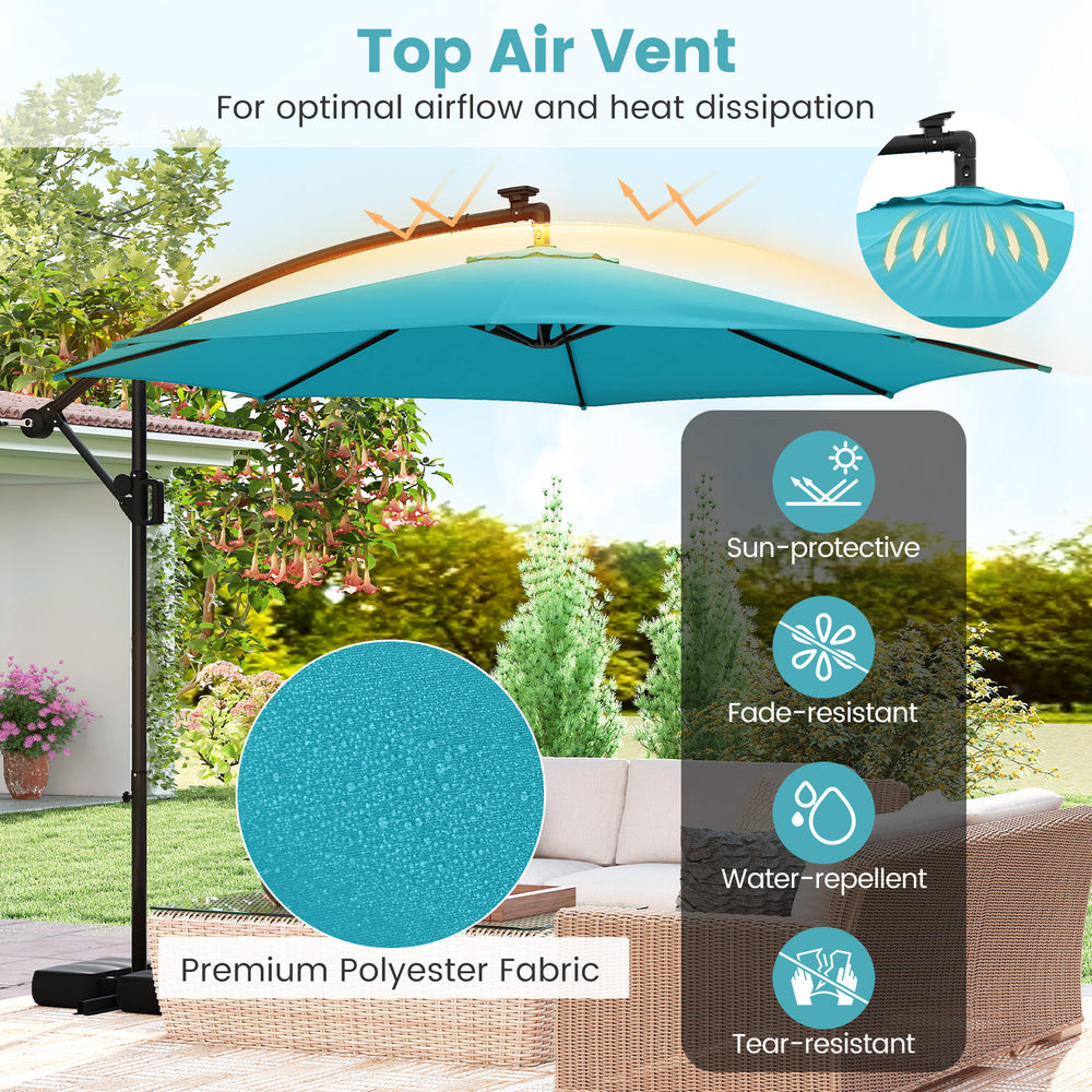 Turquoise 10 feet solar offset hanging umbrella with LED lights, featuring a top air vent for airflow and heat.